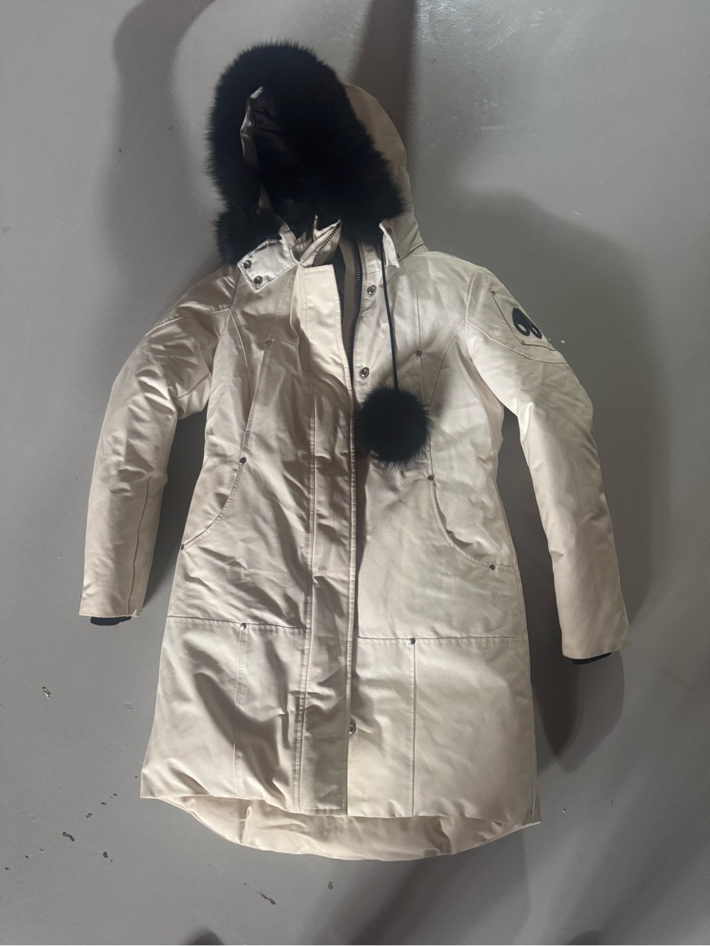Moose Knuckles Cream Ski Parka with Black Fur Trim